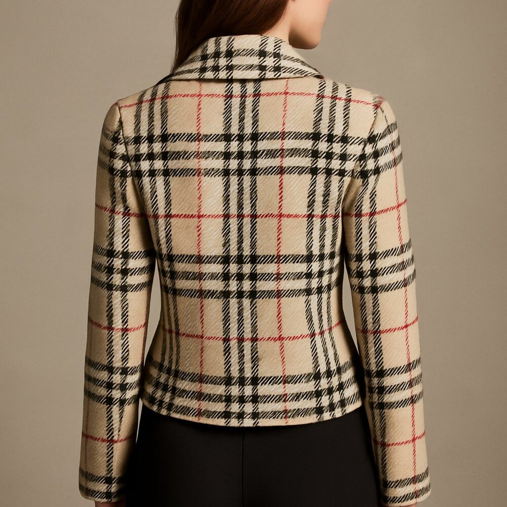 Burberry Nova Check Lambswool Toggle Coat Beige Black Red — Size S/M (Est.) - Picture 2 of 6